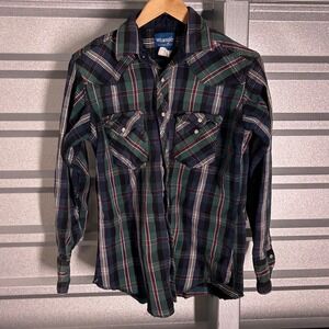 VINTAGE Wrangler Western Shirt Mens M Green Plaid Pearl Snap Cowboy Workwear 90s
